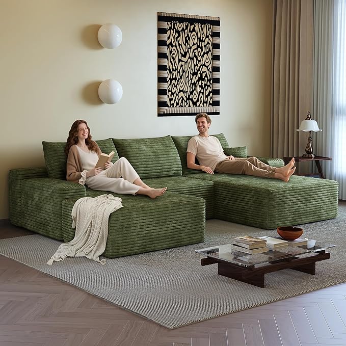 108 Sectional Couches for Living Room Cloud Couch Sofa with L-Shape Upholstered Boneless Couchs Modern Modular Sectional Couch with Chaise (Green 108 Right Facing Chaise+2Seaters+1Ottoman)