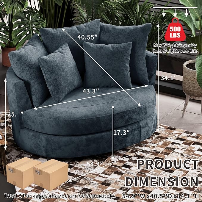 54.9''W Oversized Accent Barrel Chair Chenille Upholstered Comfy Couch Sofa with 5 Pillows for Living Room Apartment Bedroom (Navy Blue).