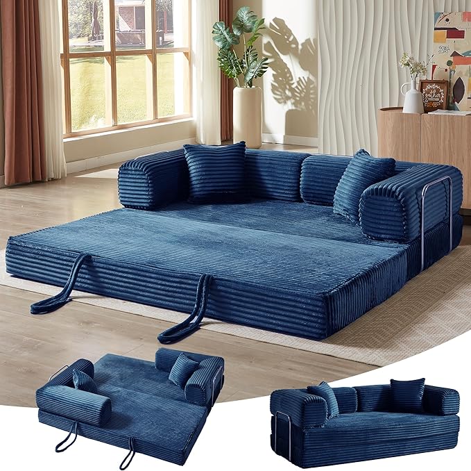 Convertible Folding Sofa BedFold Out Floor Sofa Couch with Fixed-Shape FrameCorduroy Foldable Mattress Cloud Couch for Living Room Bedroom (Blue 81 Inch)