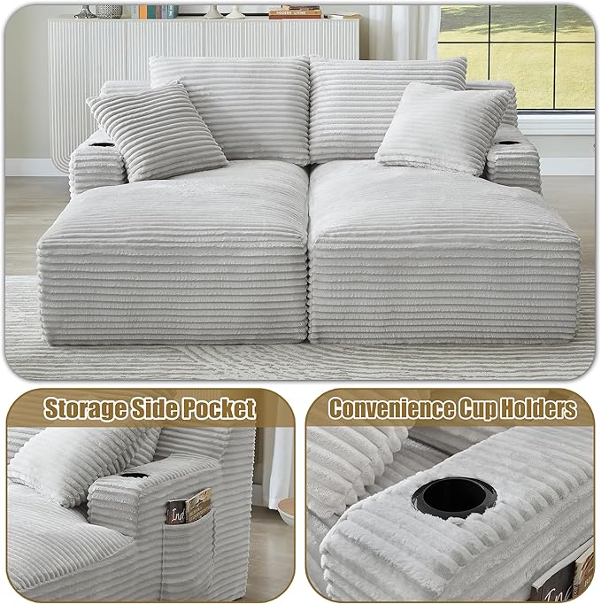 Double Chaise Lounge Sofa Boneless Cloud Couch Bed with Cup Holders and Side Pockets Comfy Deep Seat Sleeper Sectional Loveseat Chair for Living Room (Light Grey 2 Seat)