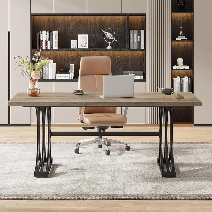 Tribesigns 63 Large Home Office Desks Modern Executive Desk Business Furniture Computer Desk Workstation with Stylish Metal Legs Easy Assembly (Gray and Black)