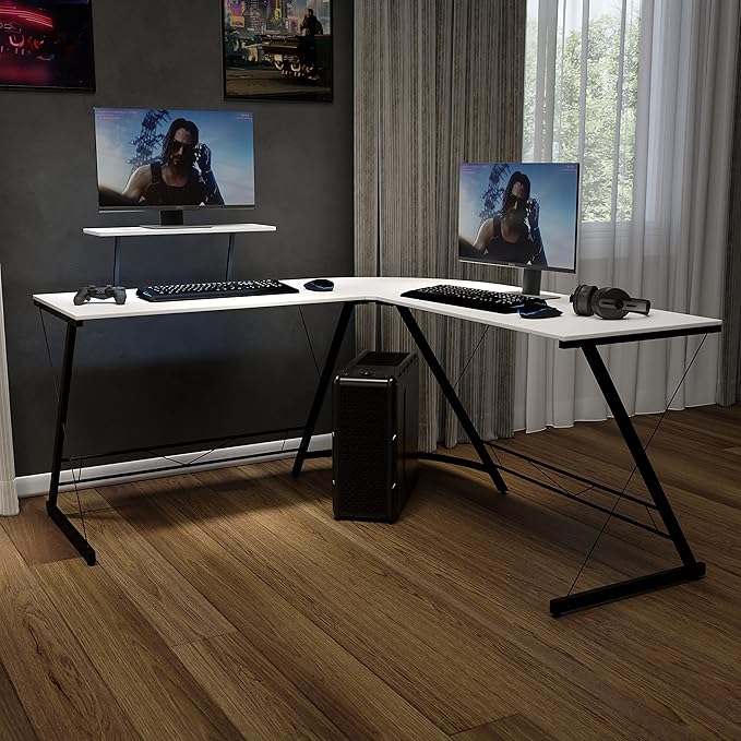 Flash Furniture Ginny Corner Desk - White/Black Space Saving L-Shaped Gaming Desk with Monitor Shelf - 71.5 2-Tier Computer Desk Home Office Desk Easy Assembly
