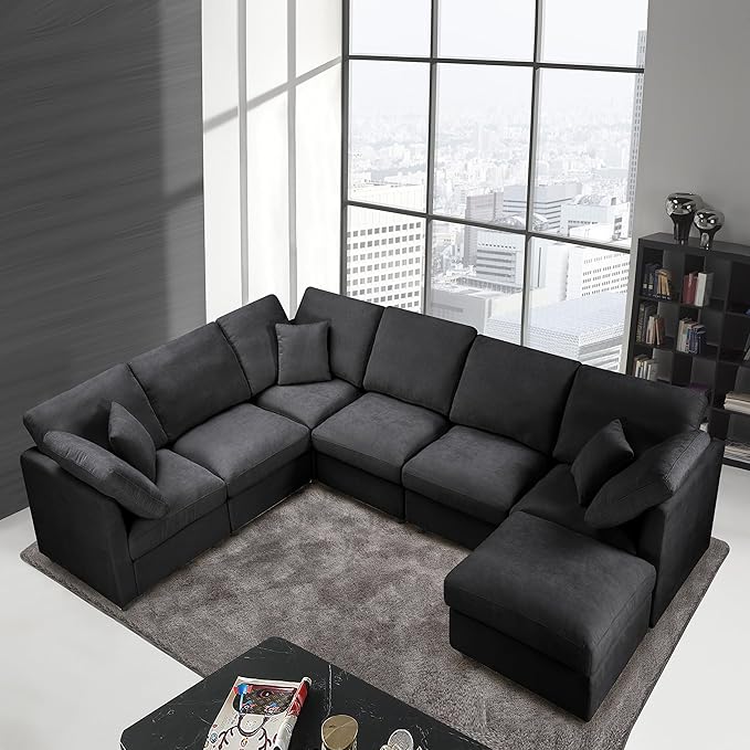 117 Modular Sectional SofaU-Shaped Chenille Sofa Couch with Movable OttomanModern 7 Seat Cloud Sectional Couches for Living Room Office Home (Black 117 U-7 Seater)