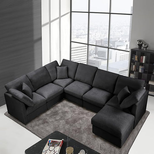 117 Modular Sectional SofaU Shaped Chenille Sofa Set with Movable OttomanModern 7-Seat Cloud Sectional Couches for Living Room Home Office (Black 117 U-7 Seater)