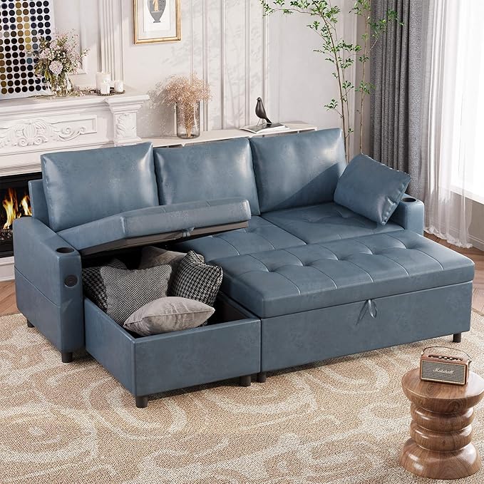 Esright Sleeper Sofa Bed 3-in-1 Pull Out Couch with Reversible Chaise Leather Sleeper Sofa with Storage USB Cup Holder Pullout Sectional Couches for Apartment Living Room Blue