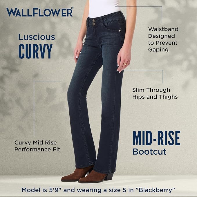 WallFlower Luscious Curvy Bootcut Jeans for Women Mid-Rise Insta Stretch Denim Size-Inclusive Juniors Jeans