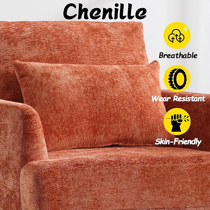 Oversized Accent Chair with Lumbar Pillow Upholstered Side Chairs for Living Room Bedroom Comfy Reading Chairs for Adults with Wide Seat Thick Cushion Soft Chenille (Dark Orange)