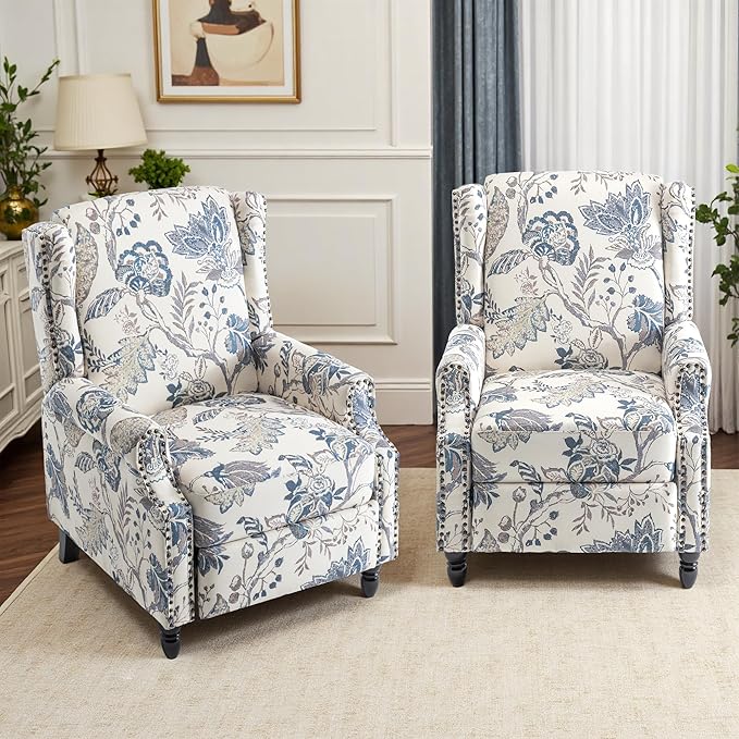 Pushback Recliner Chairs Set of 2 Floral Fabric Wingback Recliner Chair Upholstered Rivet Trim Armchair Push Back Recliner Accent Chair for Small Spaces Living Room Peacock Blue