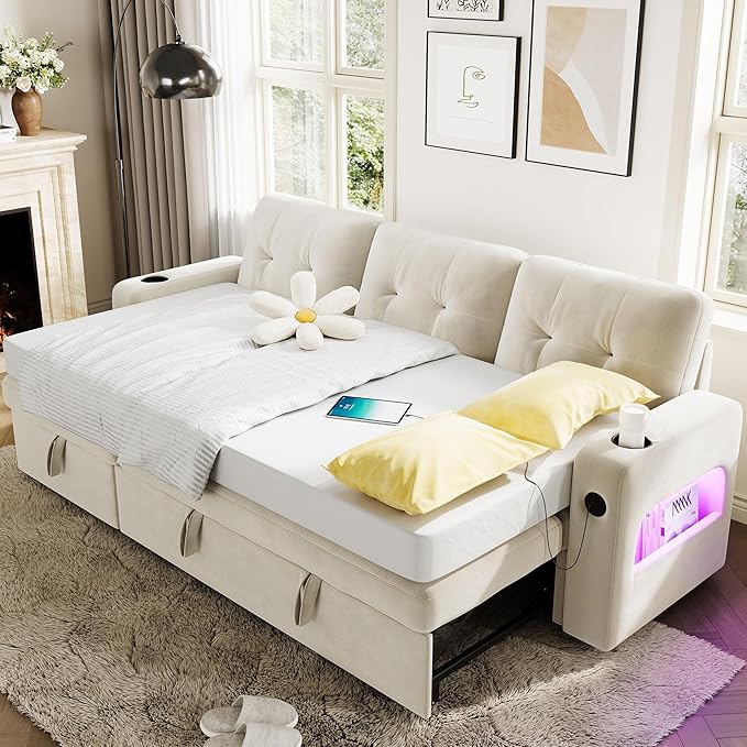 IDEALHOUSE 84 Sleeper Sofa with Storage &amp Charging Station Convertible Sectional Couch Bed with LED Lights Reversible Chaise Pull Out Sofa Bed for Living Room Apartment Velvet Beige