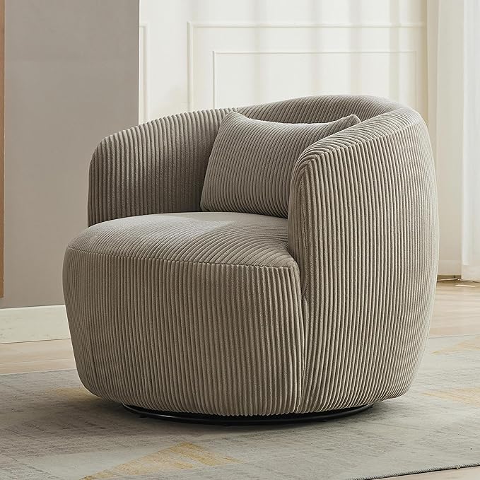 34.25 Swivel Barrel Chair Round Accent Barrel Chair Modern Wide Armchair Upholstered Corduroy Lounge Comfortable Sitting Single Seat Rotating Base for Living Room Office Chair Light Gray