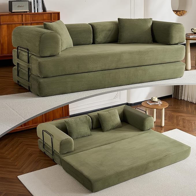 4-in-1 Folding Convertible Sleeper Sofa Bed with Fixed-Shape Frame Comfy Modular Floor Sofa with Pull Out Couch Bed Sleeper Loveseat Boneless Futon Couch for Living Room Olive Green