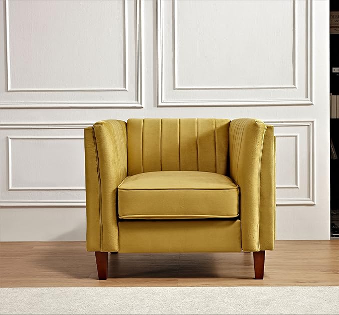 Container Furniture Modern Luxury Velvet Chair for Living Room with High Density Foam Soft Fabric Upholstery Removable Cushions and Solid Wood Legs 36.6'' Wide Armchair Mustard Yellow