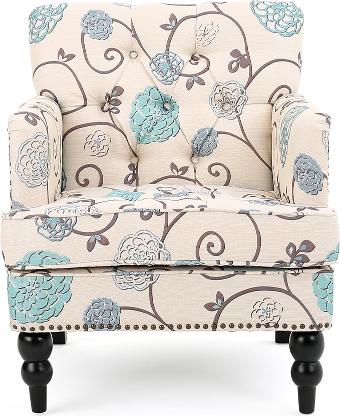 Merax Comfy Armchair Home Fabric Accent Chair Bedding Room FurnitureBlue and Light Beige