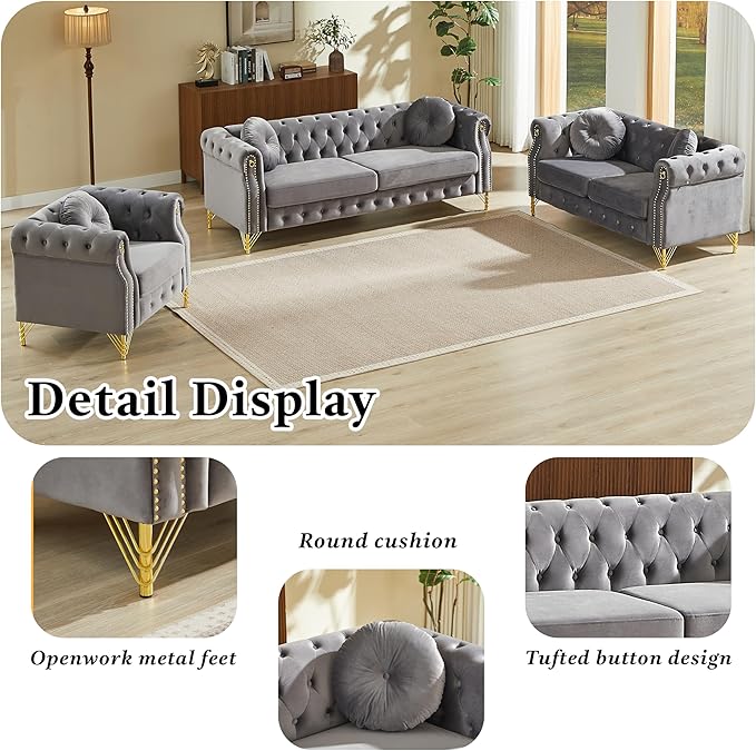 KEIKI 6 Seat Chesterfield Sofa Retro Style Upholstered 3+3 Seats Velvet Couch with Rolled Arm for Living Room Bedroom Office Gray