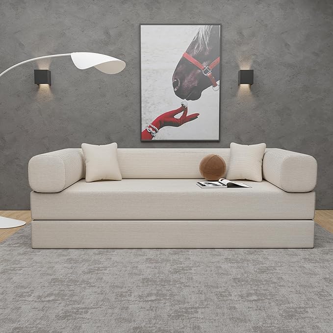 Convertible Couch Sofa Bed Foldable Floor Sleeper | Upgraded ALL High-Density 35D Foam | Fold Out Deep Seat Couch | King Size | Compression Sofa Sleeper for Living Room Bedroom | Corduroy Beige