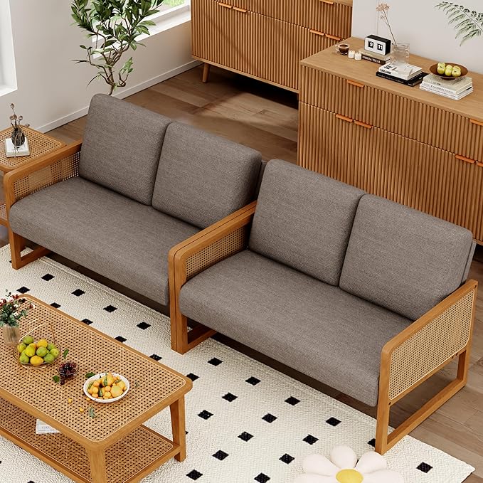 Modern Loveseat Bench Couch with Natural Rattan Arm Upholstered Linen Small Love Seat Sofa 2-Seats Living Room Couch Settee Comfy Lounge Recliner Chair-Taupe