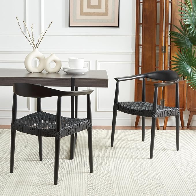 SAFAVIEH Home Collection – Wade Black Teak Wood Arm Chair with Woven Leather Web Seat Fully Assembled Mid-Century Modern Accent Chair (FOX1003B)