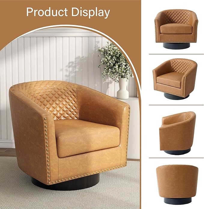 Pia Ricco Faux Leather Swivel Barrel Accent Chairs 360° Swivel Round Single Sofa Chair Comfy Upholstered Club Armchair with Nailhead Trim for Living Room/Reading Room/Bedroom Coffee