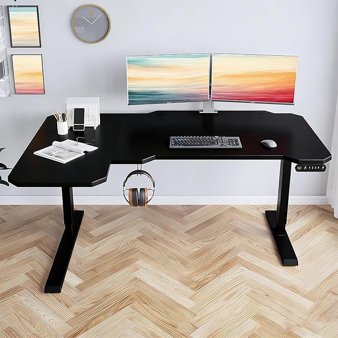 Electric Standing Desk 59'' L-Shaped Height Adjustable Desk Large Sit and Stand Up Home Office Computer Desk Work PC Table with Memory Presets for Study Walking Pad (Black 59 Inch)
