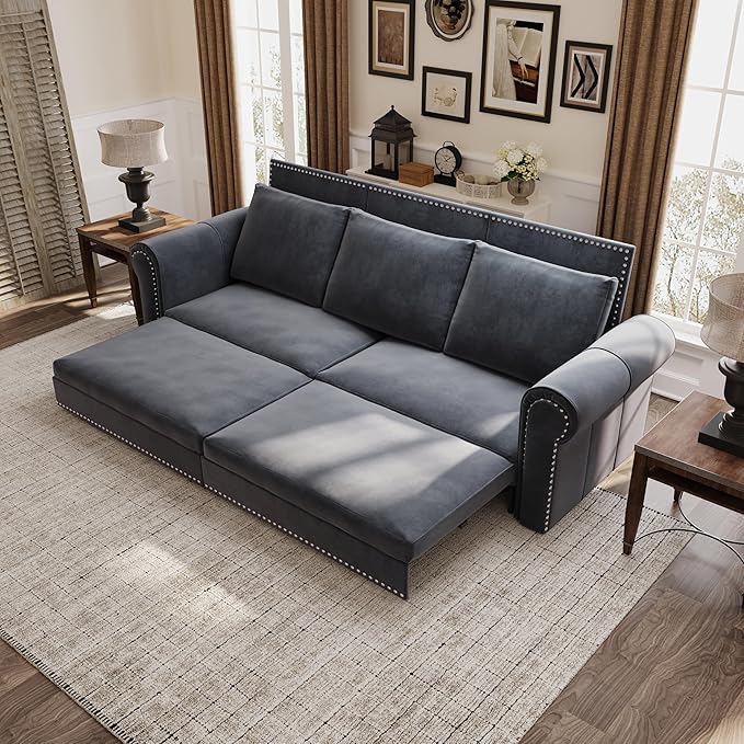 93.7 King Pull Out Sofa Bed Velvet Convertible Sleeper Couch with Nailhead Trim Oversized Mid Century Modern Chesterfield Sofa Sleeper Sectional Couch for Living Room Grey
