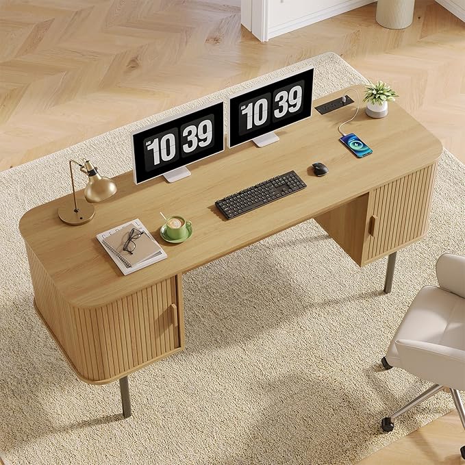 ONBRILL 63 Inch Fluted Computer Desk with Charging Station Mid Century Executive Desk with 2 Storage Cabinets Modern Home Office Large Desk with Metal Legs for Working Studying Writing Oak