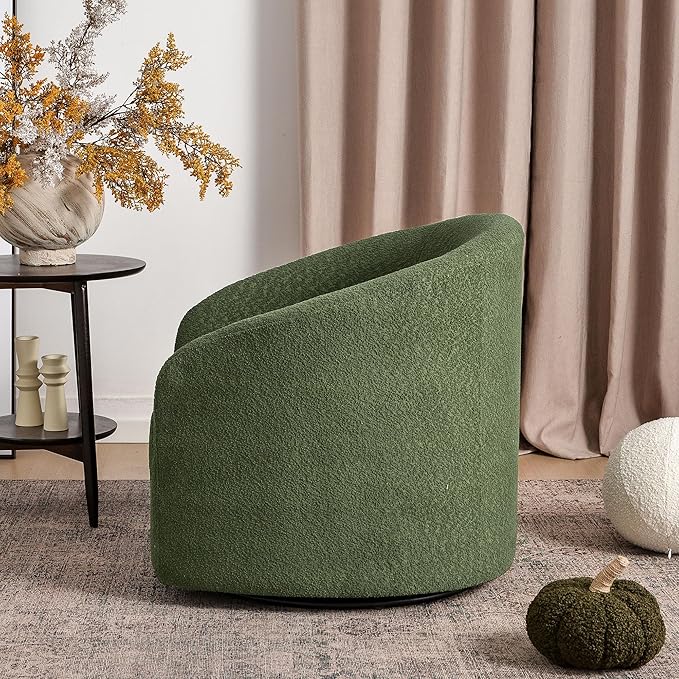 KINWELL 32 Wide Modern Boucle Swivel Barrel Chair No Assembly Round Upholstered Swivel Accent Armchair for Living Room Bedroom Office (Green)