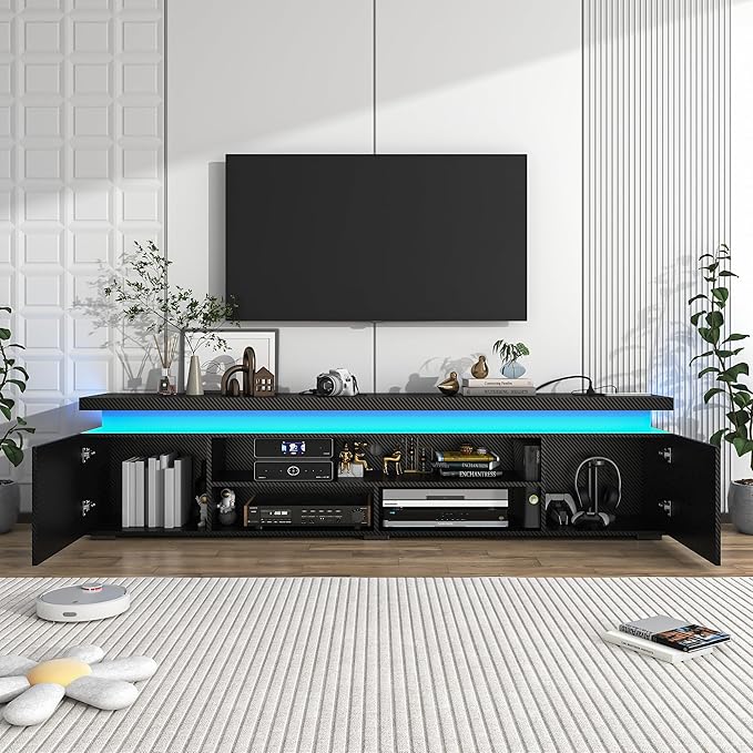 LED TV Stand for 95 Inch TV Modern TV Stand with Power Outlet TV Console Entertainment Center with Storage and LED Lights for Living Room Bedroom (83 Inch Black Carbon Fiber)