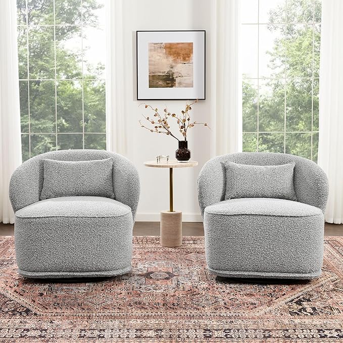 KINWELL 33 W Mid Century Modern Swivel Barrel Chair Set of 2 Upholstered Boucle Swivel Accent Chairs No Assembly Sofa Chair with Toss Pillow for Living Room Bedroom Reading Nursery (Black White)
