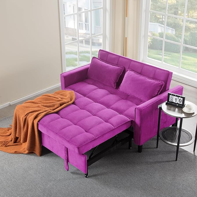 3 in 1 Convertible Sofa Bed Love Seat Sleeper Bed with Side Pockets Velvet Fabric Pull Out Couch with Adjustable Backrest for Living Room Bedroom Apartment Deep Pink