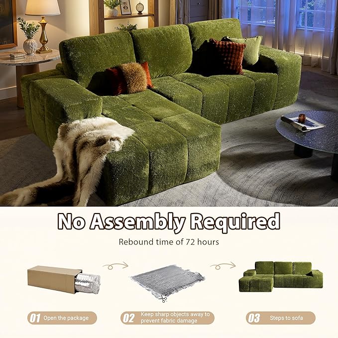 114 in Modular Sectional Sofa Plush Fabric with Silver LuminousBoneless L-Shaped Couch with Chaise for Living Room with Deep Seat No Assembly Required Sofa (Green Left Chaise)