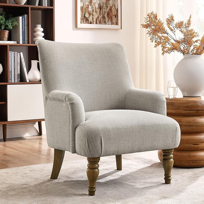 Modway Ellington Living Room Accent Armchair in Linen – Fabric Upholstered Reading Arm Chair with Wooden Legs – Modern Lounge Chair with French Piping Trim