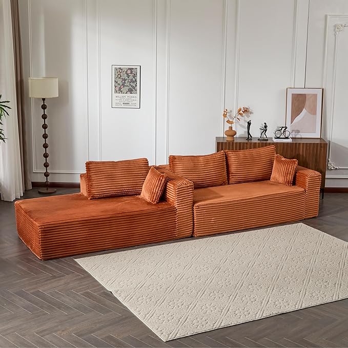 110 Modular Sectional Boneless Couchw ith Chaise LoungePlush Corduroy Upholstered Cloud CouchDeep Seat L-Shaped Floor SofaCompressed Packaging for Easy DeliveryNo Assembly NeededOrange