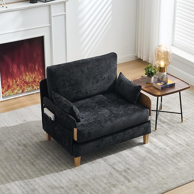 SLEERWAY Large 3 in 1 Convertible Futon Sofa Bed Chair 35 W Extra Wide Sleeper Chair Bed with Pull Out Couch Modern Chenille Chaise Lounge Armchair for Living Room Bedroom Playroom Black