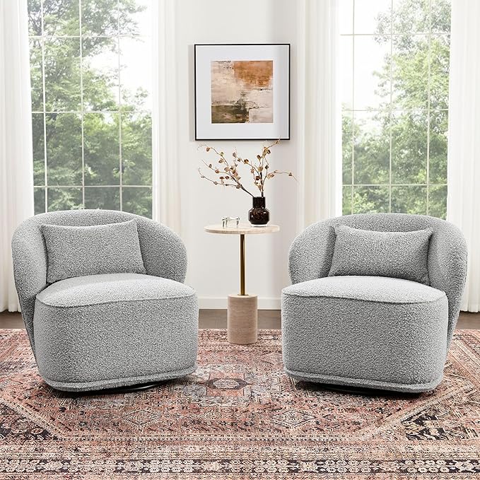 KINWELL 33 W Mid Century Modern Swivel Barrel Chair Set of 2 Upholstered Boucle Swivel Accent Chairs No Assembly Sofa Chair with Toss Pillow for Living Room Bedroom Reading Nursery (Black White)