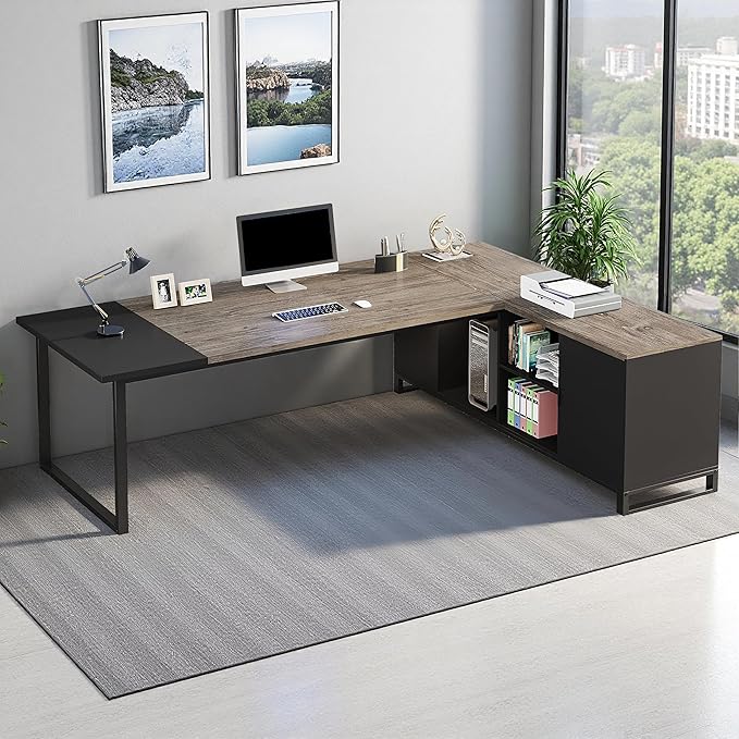 Oigavfd 70.8 L Shape Executive Desk with File Cabinet and Printer Stand L Shaped Computer Desk with Storage and Metal Frame Corner Desk for Home Office (Retro Gray &amp Black)