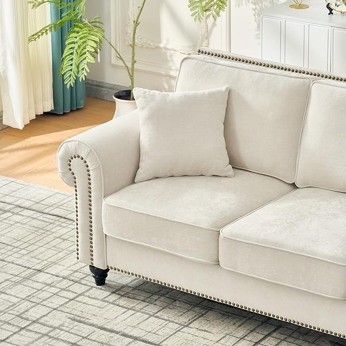 Loveseat Velvet Fabric Two- Seater Couch Buckle Design and Rivet Decoration Deep Seated Double Sofa Suitable for Living Room Bedroom Apartment Hotel etc (beige-07)