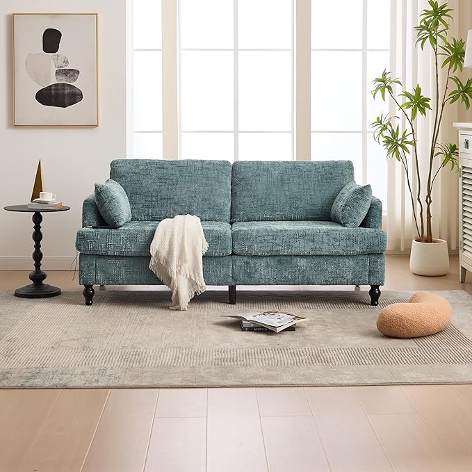 69” Modern Chenille Loveseat Sofa Couch Upholstered 2 Seat Love Seat Deep Seat Small Couch with LED Light and Sturdy Wood Legs for Living Room Bedroom Apartment (Lake Blue)