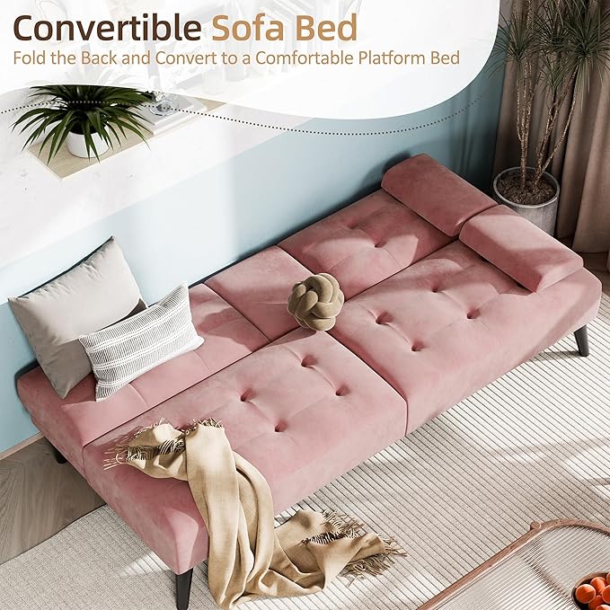 Shintenchi Futon Sofa Bed Velvet Foldable Couch Reclining Sleeper with Removable Armrests Upholstered Loveseat Sofa Couch with Folding Cup Holders for Home Office Pink