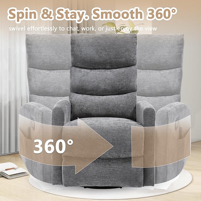 cinkehome Small Swivel Rocker Recliner Chair with Heated Massage Upholstered Nursery Glider Recliner Chair High Back Side Pocket (Grey Chenille Fabric)