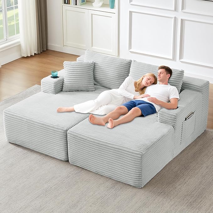 KIVENJAJA 133.5 Oversized U Shaped Sectional Cloud Couch Corduroy Modular Sectional Sofa with Cup Holders &amp Side Pockets Modern Deep Seat Boneless Couches for Living Room Apartment Light Grey