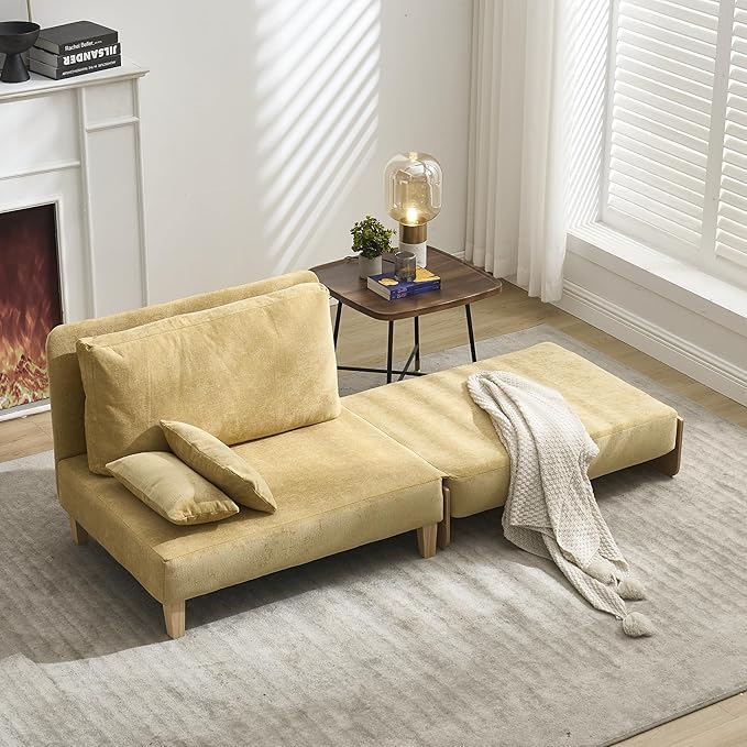 TTK 3-in-1 Foldable Sofa Bed Recliner Sleeper Mid-Century Modern Convertible Sofa Chair with 3 Pillows Space-Saving Design for Small Spaces Bedroom Study &amp Guest Room Yellow