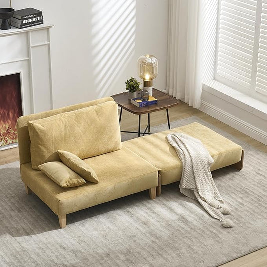 TTK 3-in-1 Foldable Sofa Bed Recliner Sleeper Mid-Century Modern Convertible Sofa Chair with 3 Pillows Space-Saving Design for Small Spaces Bedroom Study &amp Guest Room Yellow