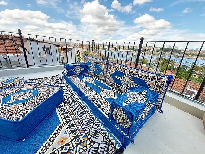 arabicsofa U Shaped Arabic Sofa Set – Royal Blue Modular Floor Seating for Guest Room