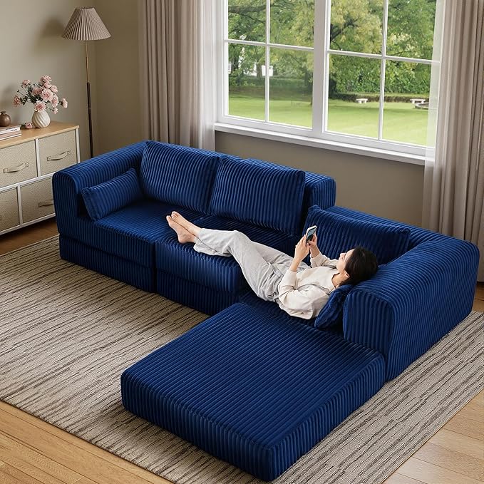 STHOUYN 106 Corduroy Folding Convertible Sleeper Sofa Bed Blue Pull Out Floor Modular Couch with Pillow Memory Foam Boneless Couchs Sectional for Living Room Bedroom (3 Navy Blue)