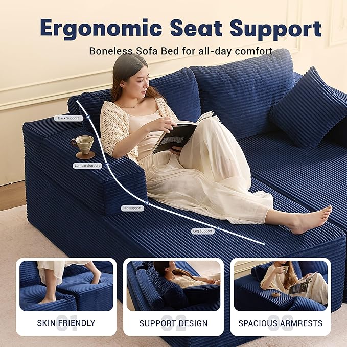 Chaise Lounge Chair Boneless Couch for Living Room and Bedroom Set of Sleeper Couches Reading Chairs Corduroy Blue