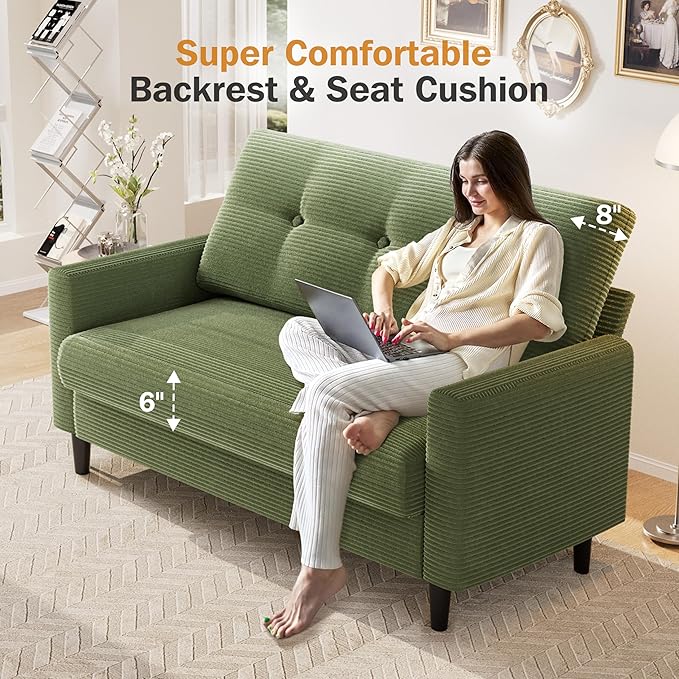 Vipbear 50 Small Loveseat Sofa Small Couch for Living Room Bedroom Office Comfy Love Seat with Deep Seat Spring Cushion Solid Wood Frame Tool-Free Assembly Green Corduroy