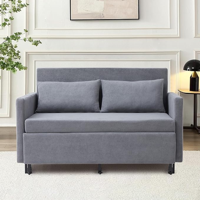 3-in-1 Sleeper Sofa Bed 51'' Convertible Folding Couch with Pullout Bed Chenille Futon Sleeper Sofa with Side Table and 2 Pillows Modern Loveseat Couch for Living Room Bedroom Home Office (Grey)
