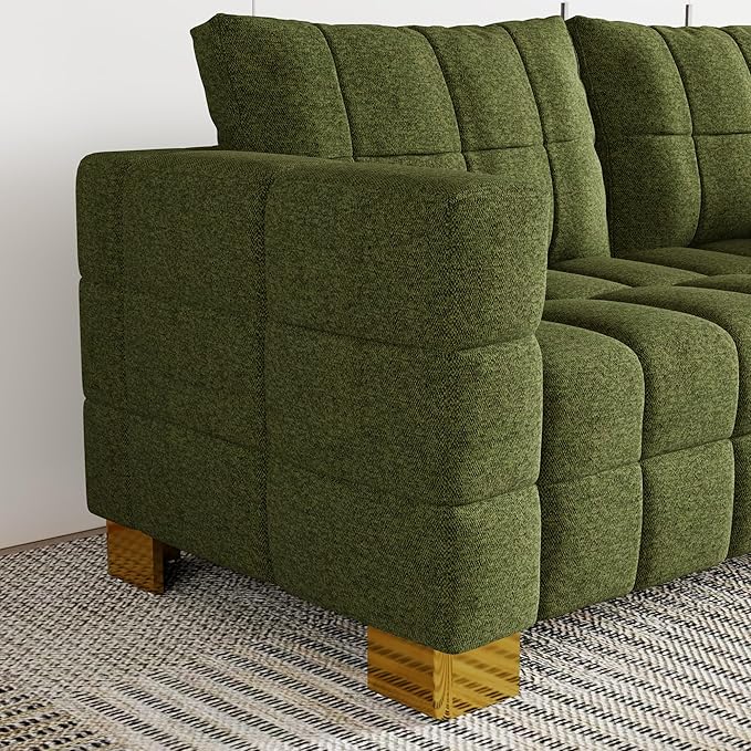 81.89 Sofa Comfy 3 Seat Sofa Tufted Chenille Upholstered Sofa Couch for Living Room with Gold Metal Legs and 2 Throw Pillows (Green-N)