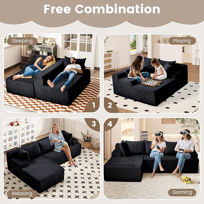 Cloud Couch Upholstered Cloud Sofa Sectional Couch with L Shape Chaise Fluffy Comfy Boneless Couch with Deep Seat &amp Throw Pillows Cloud Couches for Living Room No Assembly Required Black