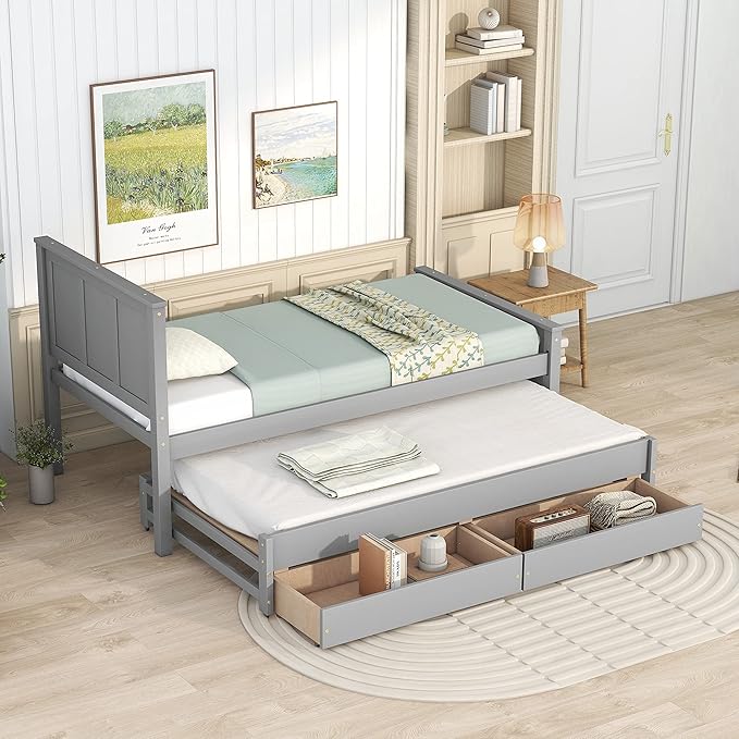 Merax Classic Solid Wooden Bed Farme with Trundle Bed and Drawers Storage Sofa Bed for Living Room Bedroom Guest Room Space SavingGray